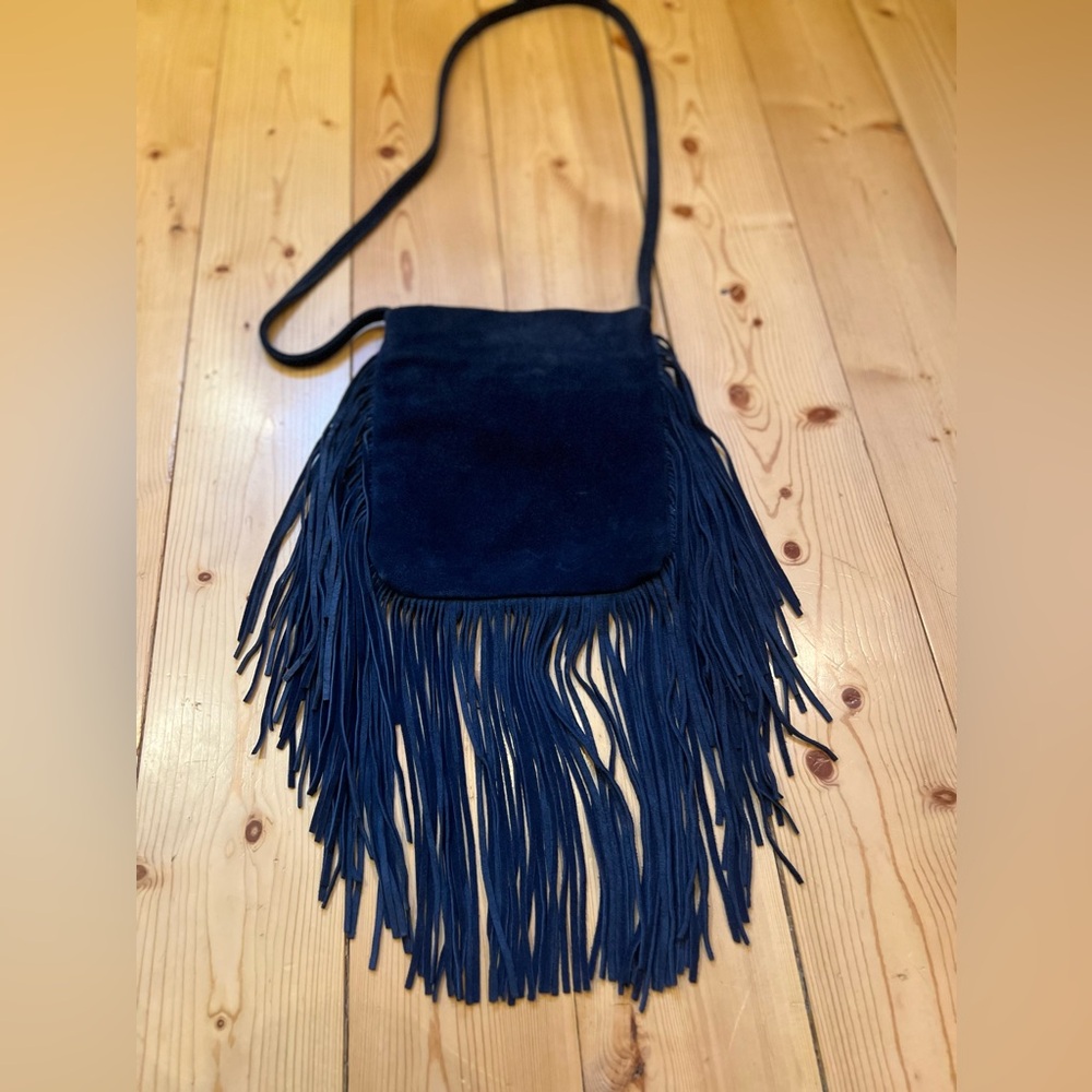 Lost & Found Blue leather fringe cross body purse